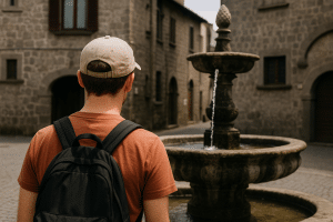 Immagine in stile fotografia reale in HD, formato orizzontale. La scena rappresenta un turista preso di spalle che ammira una fontana nel centro storico di viterbo, non voglio troppi dettagli, meglio un primo piano